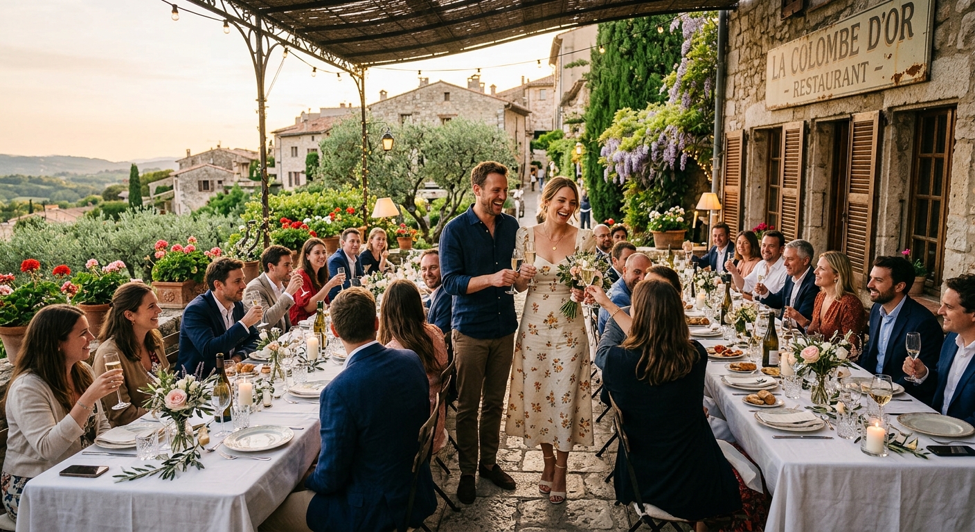 Un couple de mariés porte un toast entouré de leurs invités souriants lors du dîner de réception