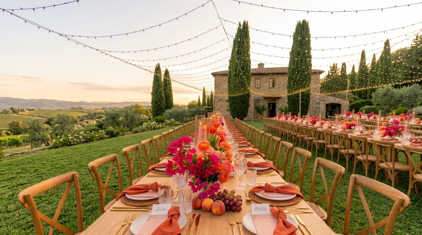 Réception de mariage en extérieur, tables dressées sous une guirlande lumineuse face à la campagne toscane
