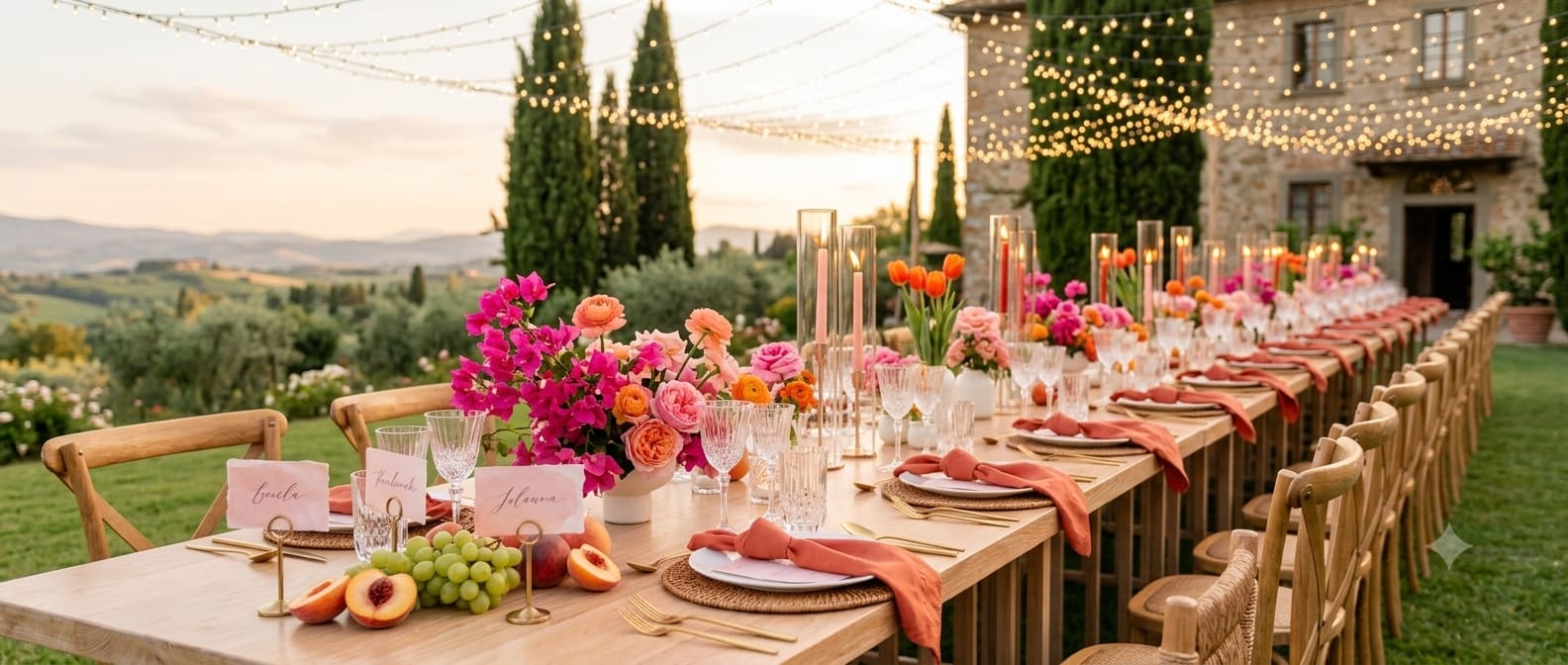 Réception de mariage sous une verrière, tables dressées et guirlandes lumineuses à la tombée du jour