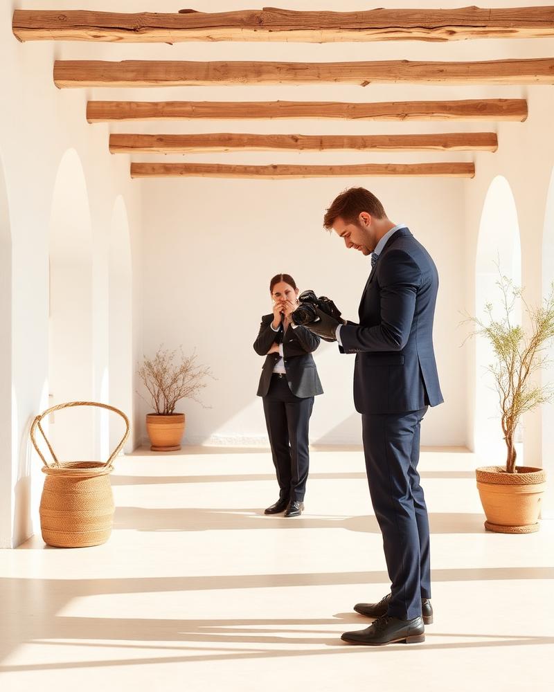 Photographe et son assistante en train de préparer une prise de vue lors d'un mariage