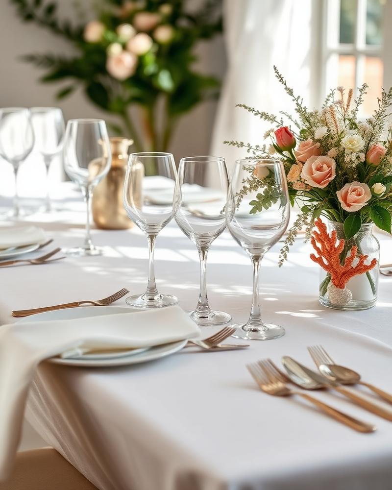 Table dressée avec verres à pied et bouquet de fleurs pour une réception de mariage